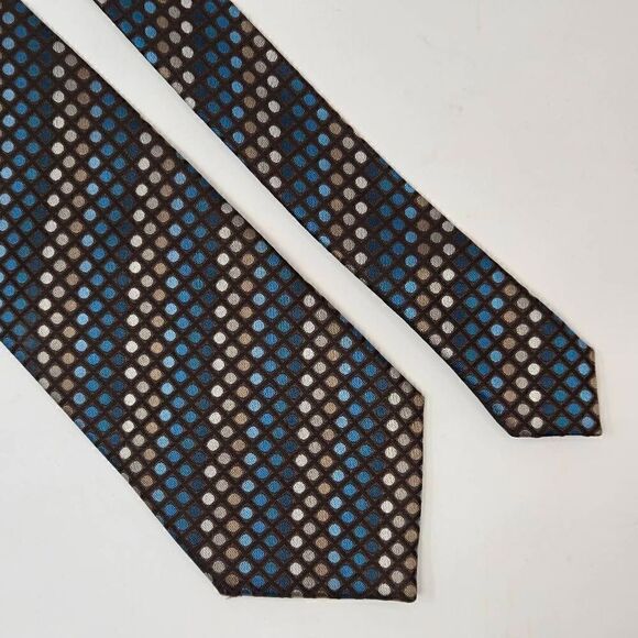 ANGELO LITRICO SILK TIE BLUE BROWN POLKA DOT STRIPE ART DECO STYLE 3.75" X 60" - Picture 1 of 2
